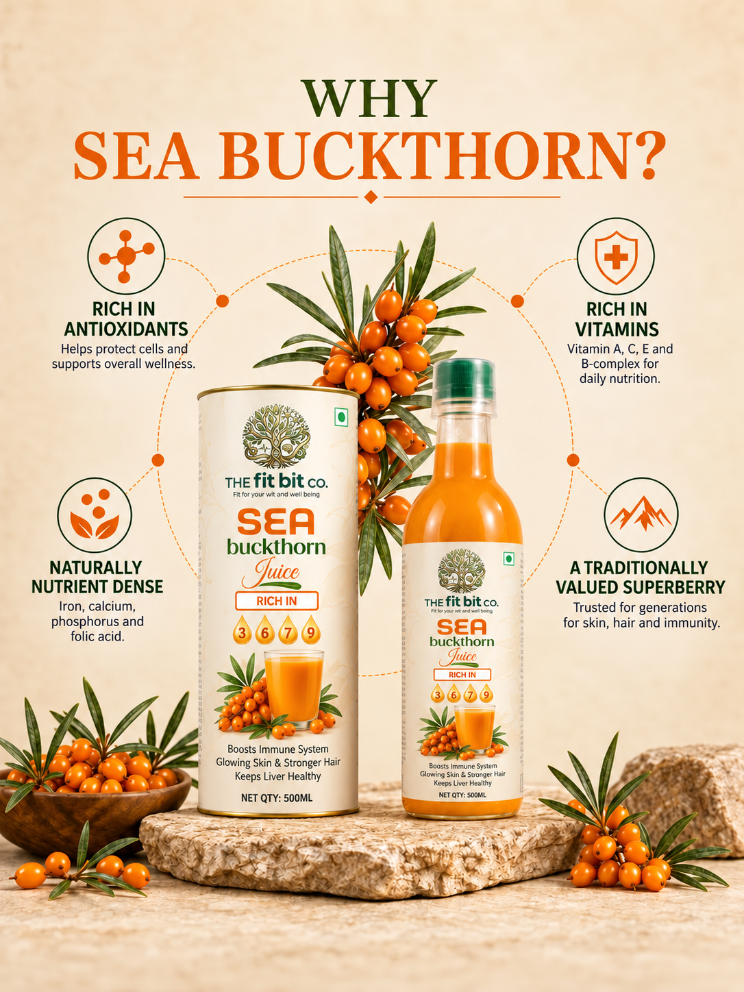 Pack of 2 | The Fit Bit Co. Cold-Pressed Himalayan Sea Buckthorn Juice | 500ml × 2 | Superfruit Combo